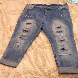 Coco + Carmen Distressed Blue Boyfriend Jeans Red White and Blue Patchwork